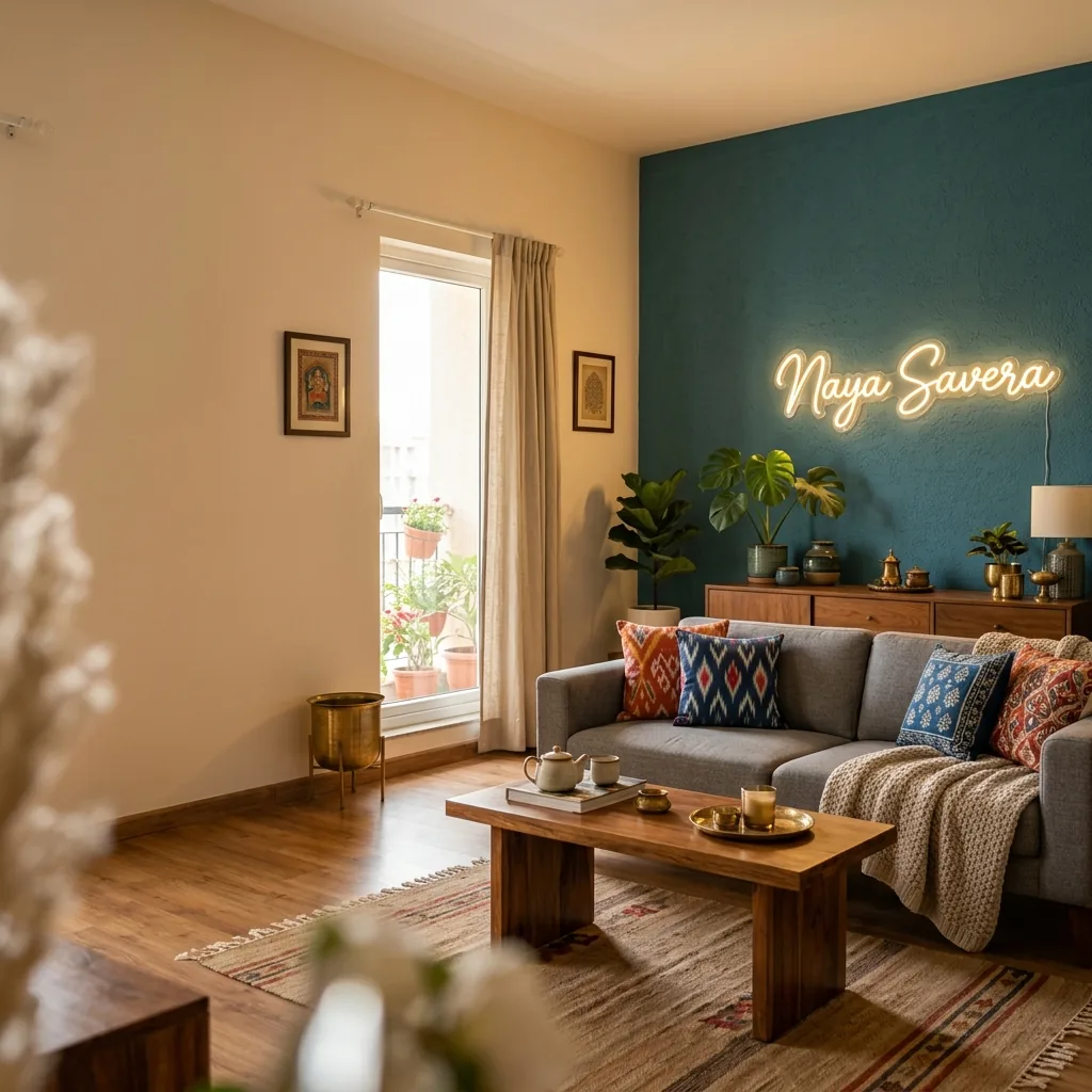 Modern Indian Living Room with Custom Neon Sign